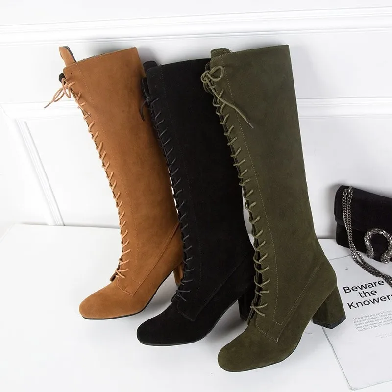 2021 New Winter Warm Velvet Front Lace-up Long Shoelaces Thick Heel High Heel Round Toe High Tube Women's Boots