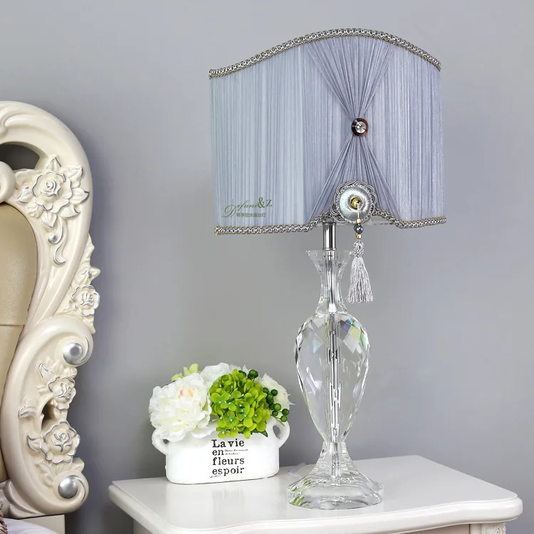 Современная Хрустальная настольная лампа для спальни тканевый абажур украшение