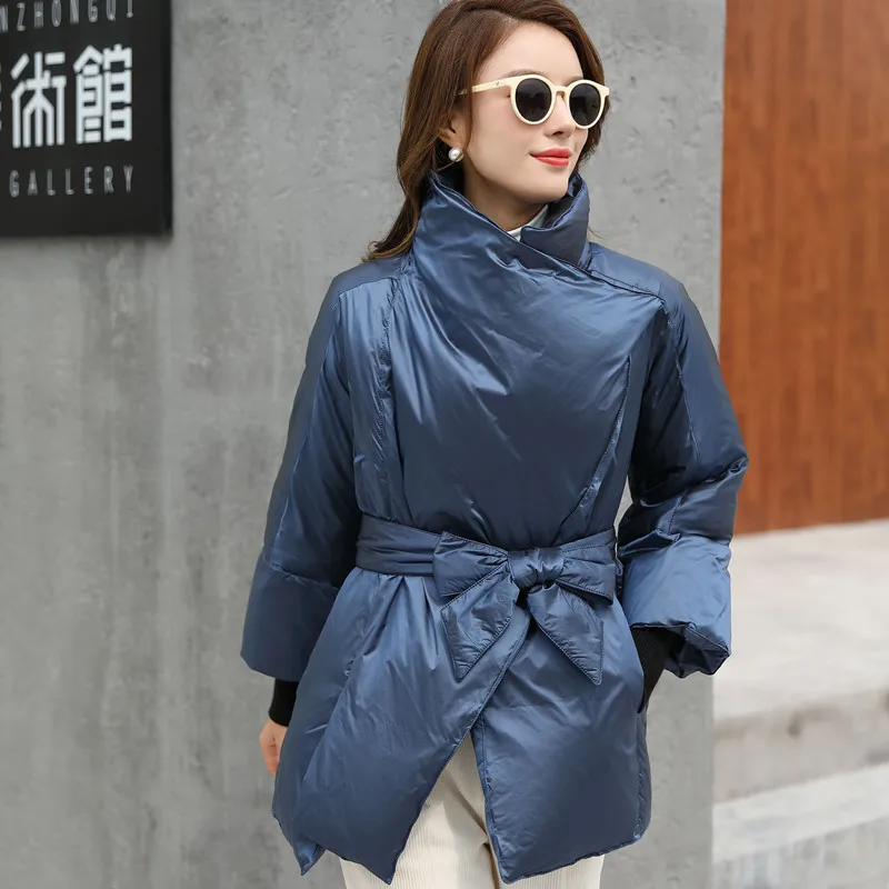 

Новинка Осень-зима 2021, модная простая тонкая толстая пуховая куртка с большим отворотом на талии, женская теплая короткая куртка