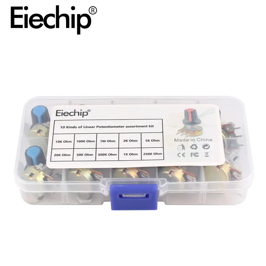 WH148 Potentiometer Kit 1K 2K 5K 10K 20K 50K 100K 250K 500K 1M 15mm Linear Taper Rotary Potentiometer Resistor Set 3pin With Cap