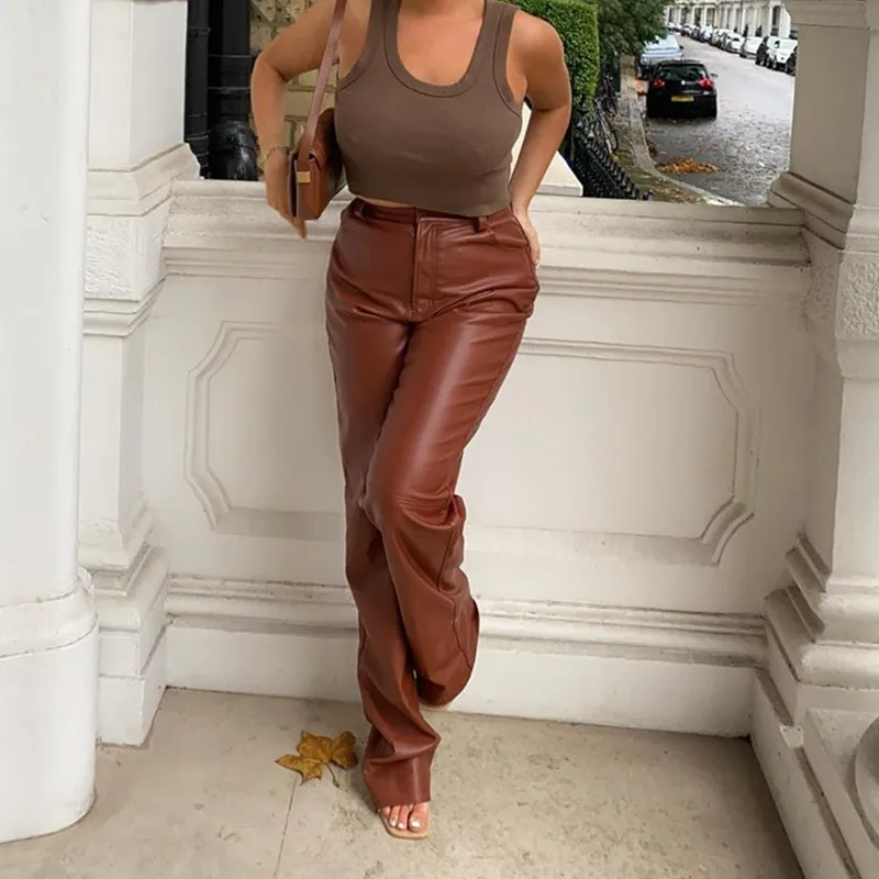 Женские прямые брюки из искусственной кожи Y2k модные элегантные Мешковатые