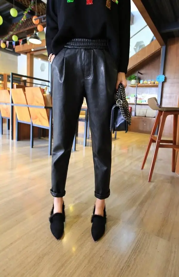 Черные брюки из искусственной кожи женские широкие Pantalon Femme однотонные с высокой