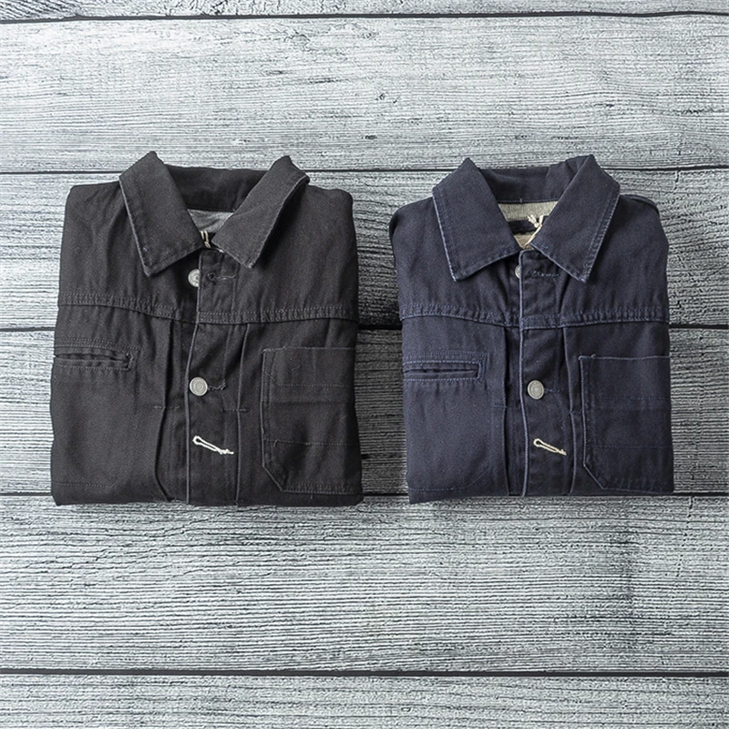 Куртка джинсовая мужская в стиле Харадзюку винтажная темно-синяя с большими