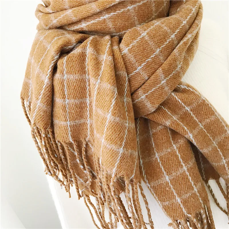 Winter Cashmere Scarves With Tassel Thick Warm Poncho Wool Plaid Print Neck Scarf For Women Fashion Shawls and Wraps Ladies