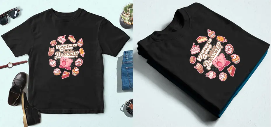 Футболка унисекс Kirby Whatch будет делать с десертом качество хлопка с круглым воротником для отдыха мультфильм дизайн La Camiseta