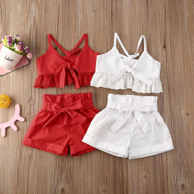 

Imcute Toddler Baby Girl Clothes Set Kids Sleeveless Vest Shirt Lace Crop Tops + Bowknot Soild Shorts Fashion Children Outfit