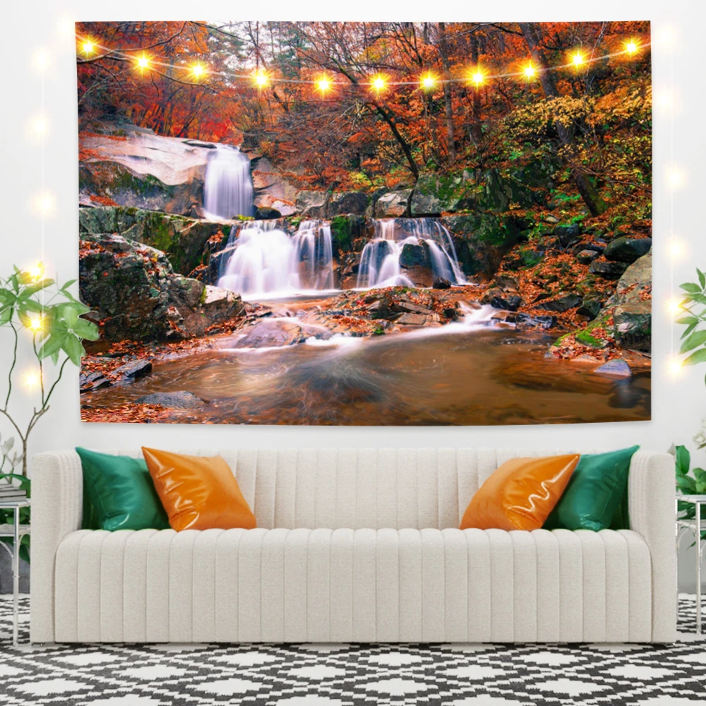 

Maple Forest and Waterfall Scenery Tapestry Vintage Exotic Summer Plant Nature Frame for Bedroom Photography Wall Decor