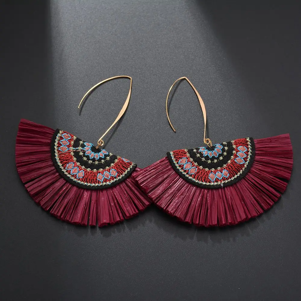 Веер с вышивкой в китайском стиле большие серьги из рафии бахромой богемные