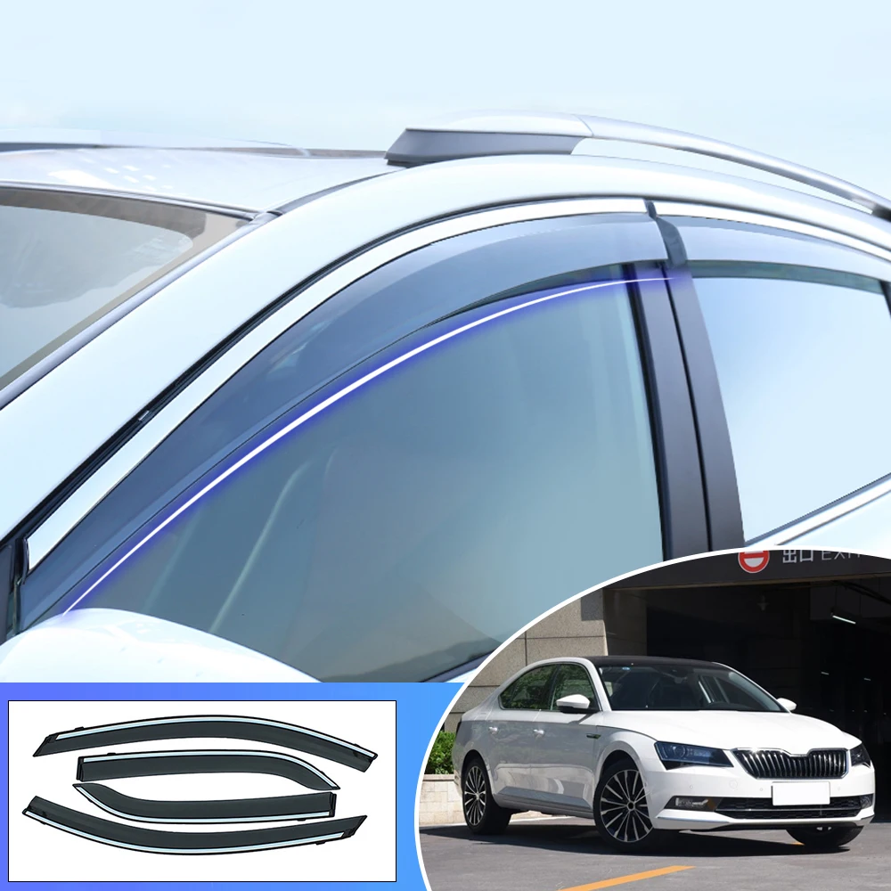 Наклеиваемого покрытия для автостайлинга из ABS дым Окно Солнцезащитный козырек дефлектор гвардии для Skoda Superb Солнечный аксессуары с козырьком, 4 предмета в комплекте