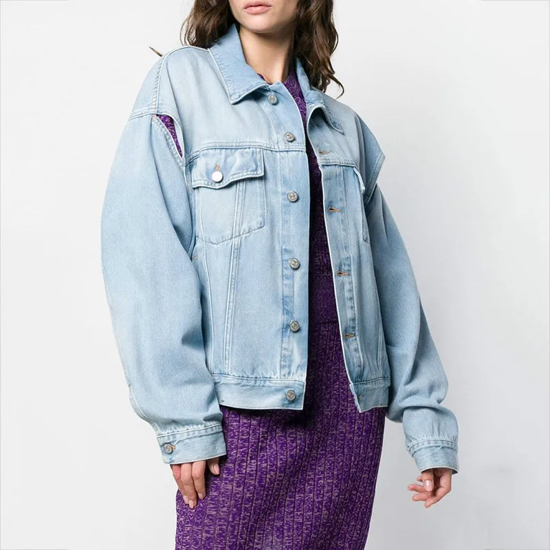 

2020 autumn and winter turn-down collar lantern sleeves single breasted two ways wearing vintage denim jacket K749