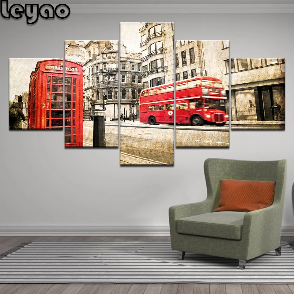 

5d алмазная живопись, наборы для вышивки крестиком, 5 шт., Лондон, улица, пейзаж, красный автобус, Великобритания, город, винтажное строительст...