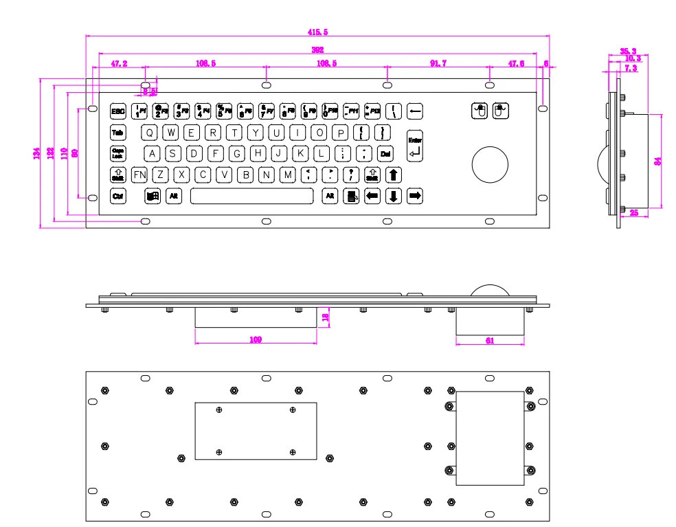 

65 Keys Customized Industrial Trackball Mouse 304 Stainless Steel Metal Keyboard