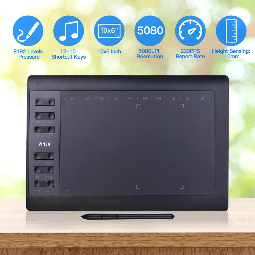 

Graphics Drawing Tablet VIN1060PLUS 10x6 Inch 12 Express Keys 8192 Levels Battery-Free Digital Drawing Pad for Computer
