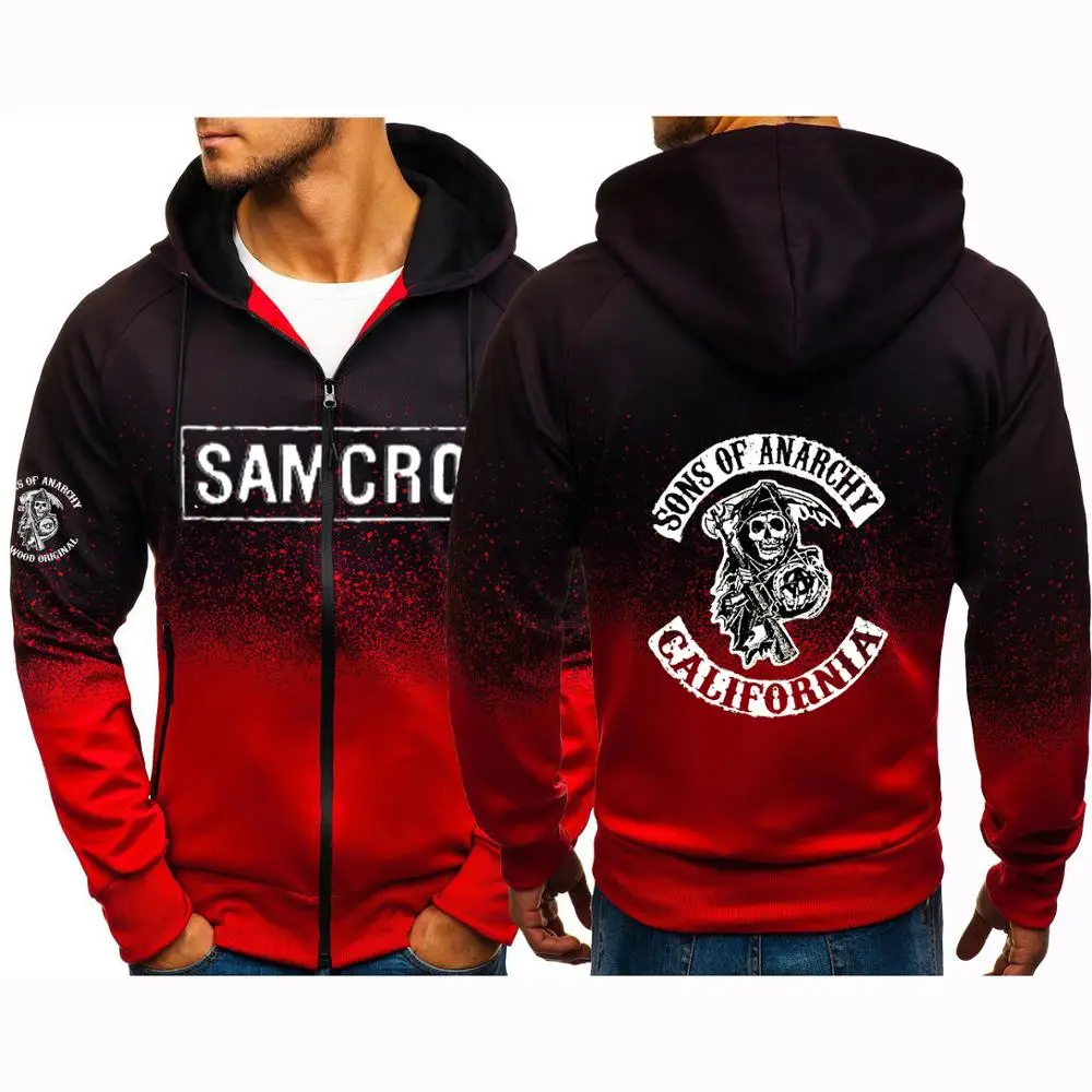 

2021 Male Cotton SOA Decal Tops Print Sons of Anarchy Zipper jacket SAMCRO Male MC Sweatshirt Comfortable Gradient Color Hoodies