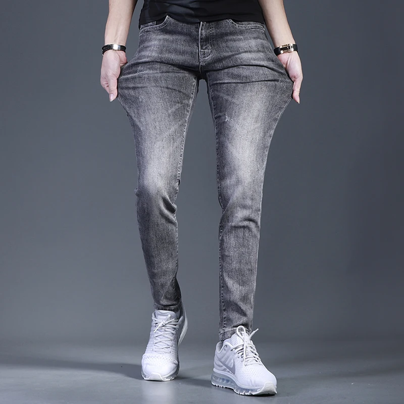 Summer Korean Style Men Gray Jeans Casual Slim Fit Pencil Pants Streetwear Denim Trousers