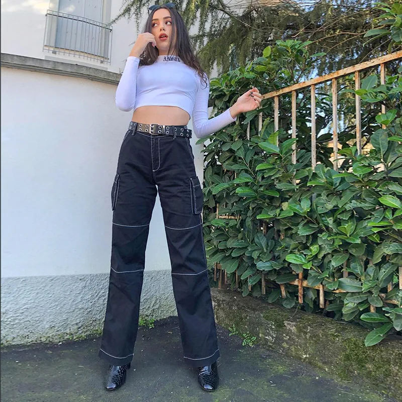 

Women's trousers ins fashion street photography black open-line high-waist straight jeans casual women's jeans Women's jeans