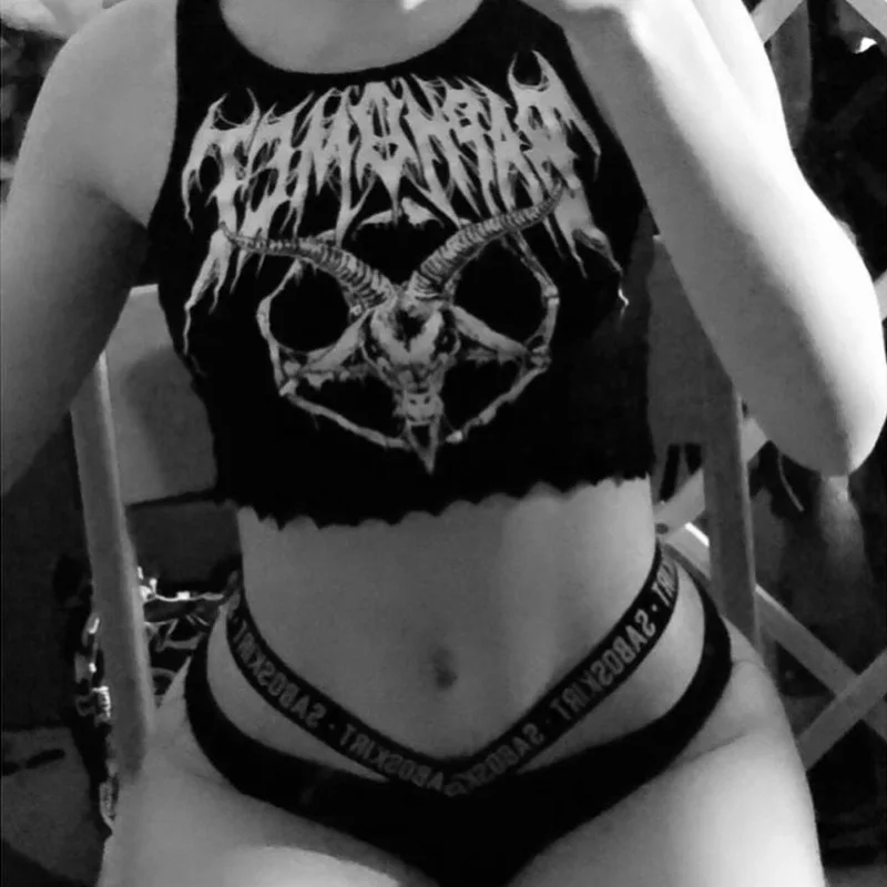 

Dark Goth Grunge Goat Print Harajuku Women Crop Tops Gothic Knitted Punk Black Tank Tops Mall Skinny Sleeveless Streetwear