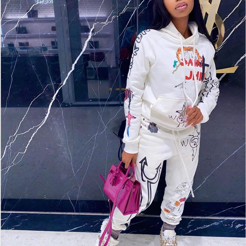 

Two Piece Outfits Women's New Casual Loose Hooded Long-Sleeved Printed Lettered Tracksuit Wholesale Fall Clothes for Women