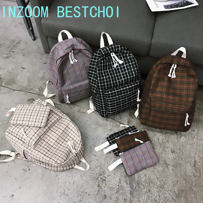 Комплект из холщового рюкзака и сумки на ремне для женщин 2 предмета клетчатый
