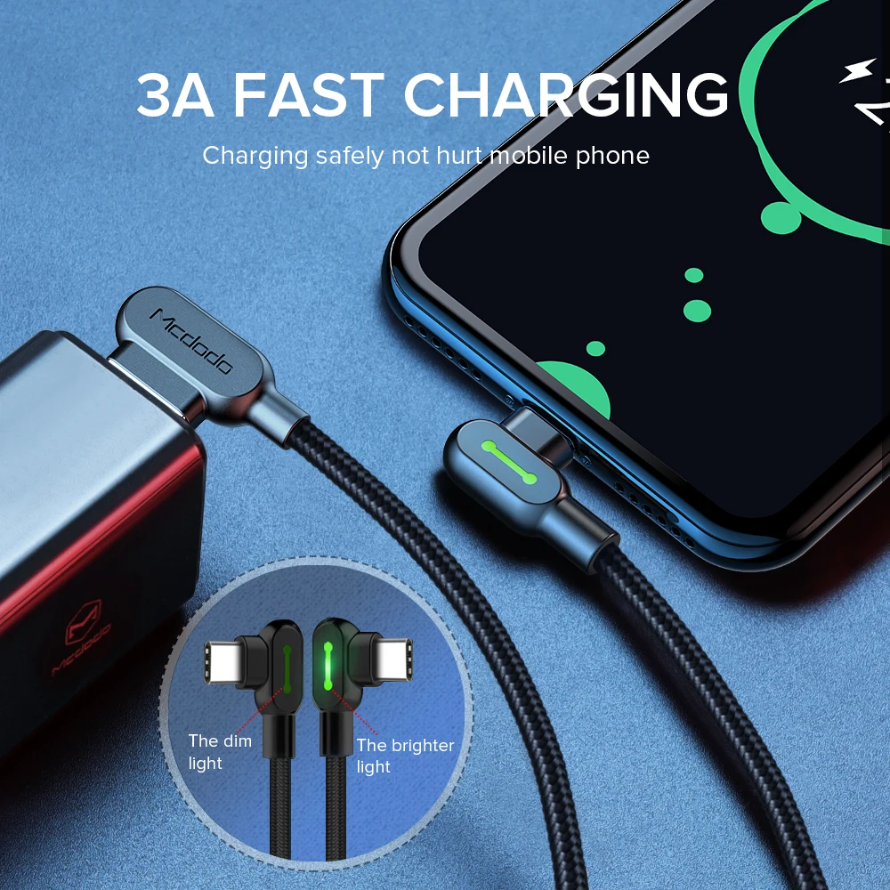 USB-кабель MCDODO 3A Type-C светодиодный шнур для быстрой мобильный телефон зарядное