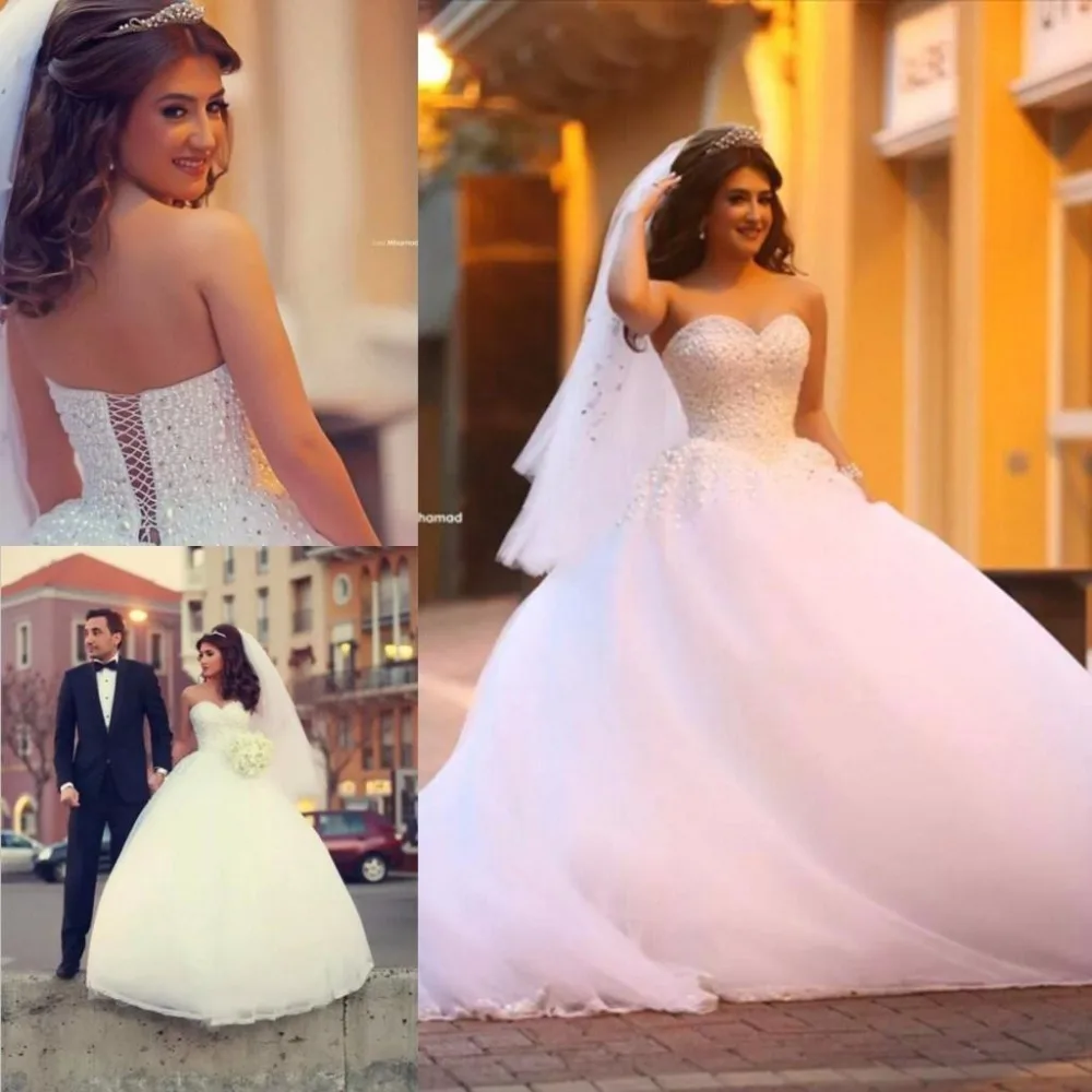 

Pure White Sweetheart Princess Ball Gown Wedding Dress Tulle Beading Cute Popular Bridal Dress 2020