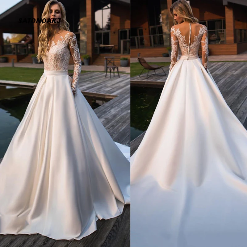 SATONOAKI элегантное кружевное свадебное платье Vestidos de novia простое ТРАПЕЦИЕВИДНОЕ сатиновое свадебное платье романтическое свадебное платье длиной до пола