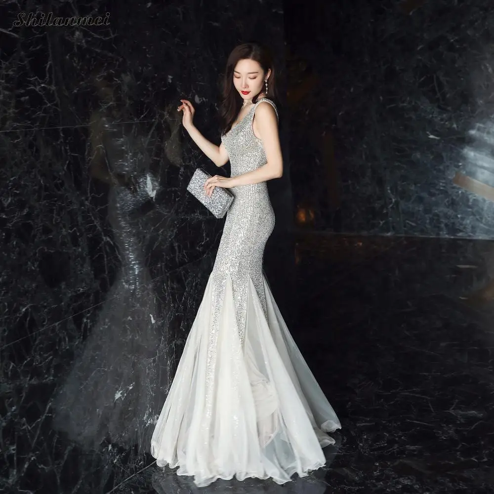 

Mermaid Evening Party Dress Women Chic Sequin Mesh Patchwork Dress Deep V Sexy Sequined Dresses Vintage White Ball Gowns Vestido