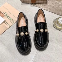 black oxford shoes women lady pearl slip on leather shoes female loafers 2021 spring fashion women plaform oxford shoes flats