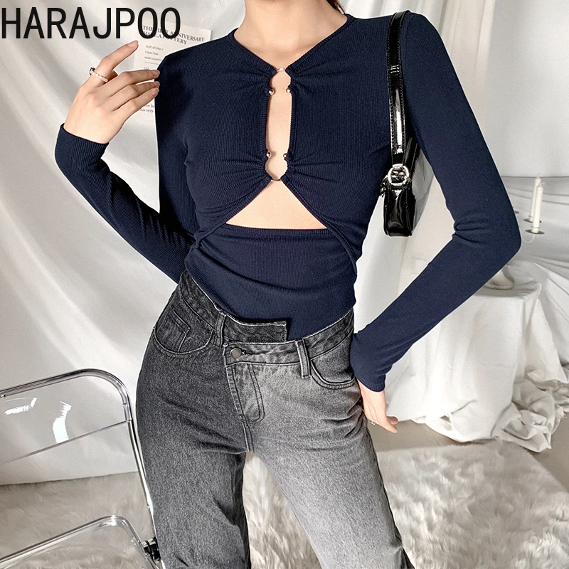 

Женская готическая рубашка HARAJPOO, черная Облегающая рубашка с длинным рукавом, V-образным вырезом и глубоким вырезом, в стиле Харадзюку