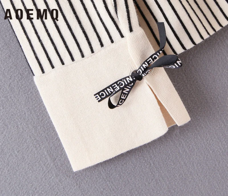 AOEMQ Sweaters Shirts Black Striped Simple Shirt Bow-Sweater Loose Coffee Office Lady Wear Winter Sweater Women Clothing | Женская