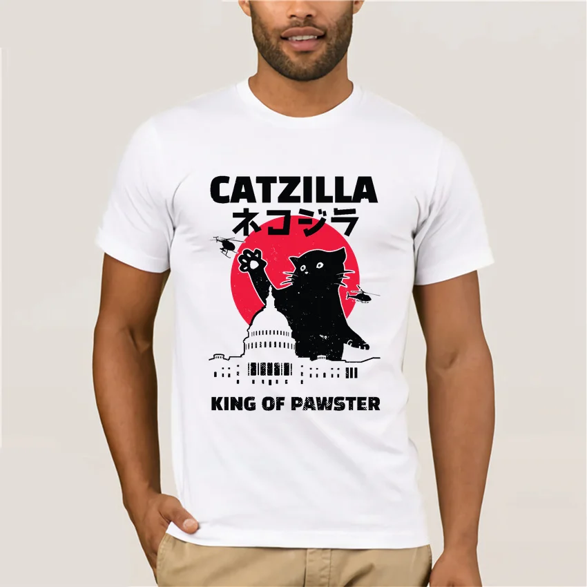 

Винтажная Классическая футболка Catzilla в японском стиле заката, хлопковая Футболка в стиле аниме, топы с круглым вырезом, подарок на день рожд...