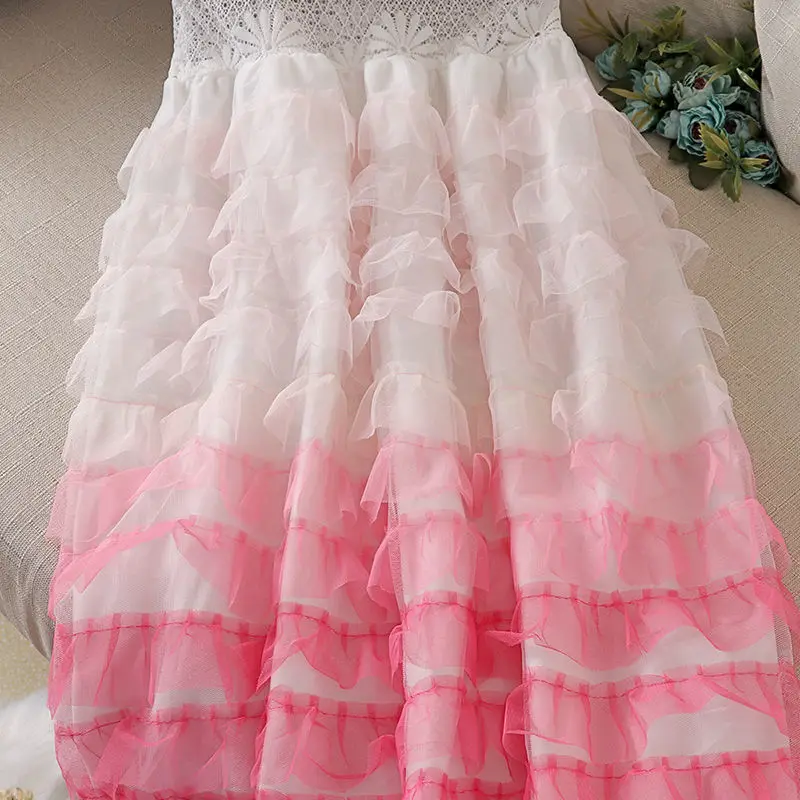 

Summer Dress Mesh Woman Boho Sexy Slim Spaghetti Strap Dress Elegant Tulle Lace Gradient Color Ladies High Waist Beach Dresses