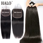 Волосы Halo, бразильские волнистые пучки, прямые волосы, 3 дюйма, 4 пряди застежкой, 4x4, кружевные волосы Remy для наращивания