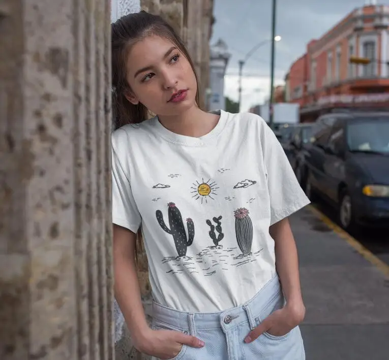 Каваи пустынный кактус печатных Винтаж Белый хлопок футболка лето Графический 80s