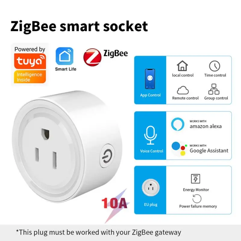 

Умная розетка Tuya Zigbee, умная розетка с таймером, 10 А, Wi-Fi, голосовым управлением, управлением через приложение, работает со стандартом США, Alexa ...