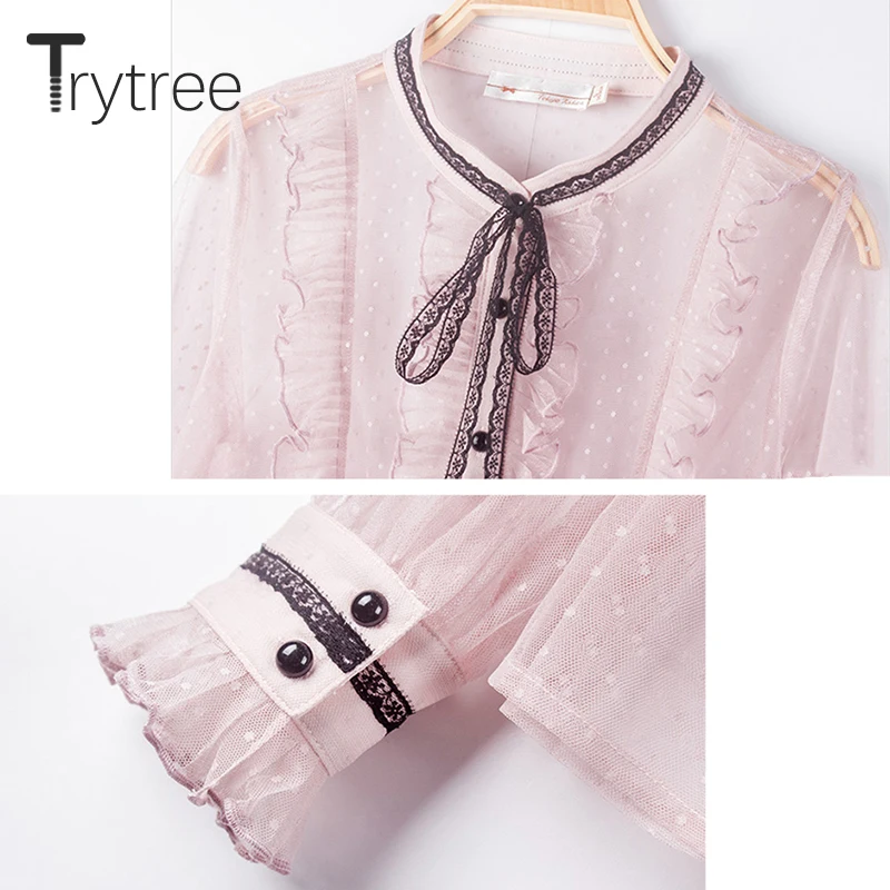 Ttytree, женские осенние повседневные блузки с кружевным бантом, однобортный, в горошек, с оборками, с рукавом-фонариком, блузка+ жилет, офисные женские топы