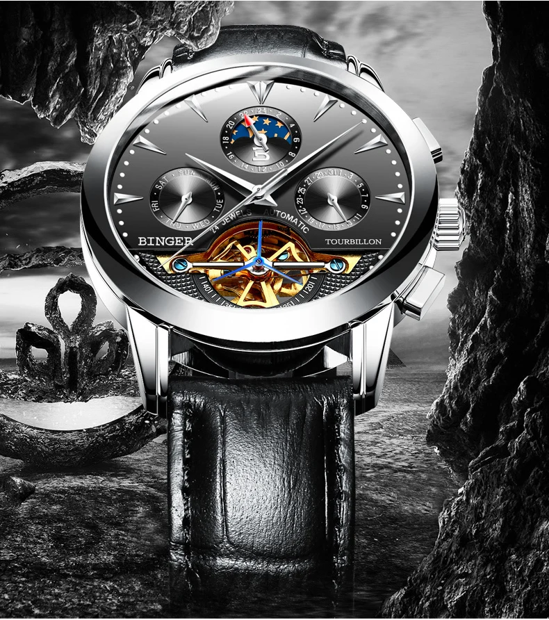 Швейцарские роскошные мужские часы Бингер бренд Tourbillion механические часы сапфировые полностью из нержавеющей стали часы мужские B1188-6