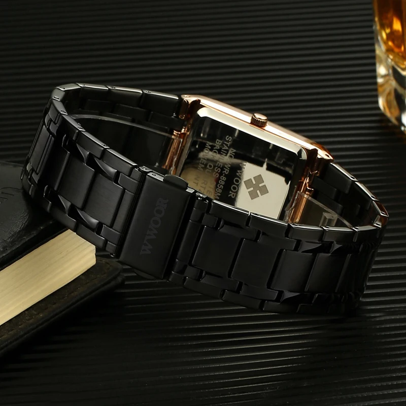 

WWOOR Mens Square Quartz Watches Men Luxury Brand Date Waterproof Black Stainless Steel Wristwatch Male Rectangular Wrist Watch