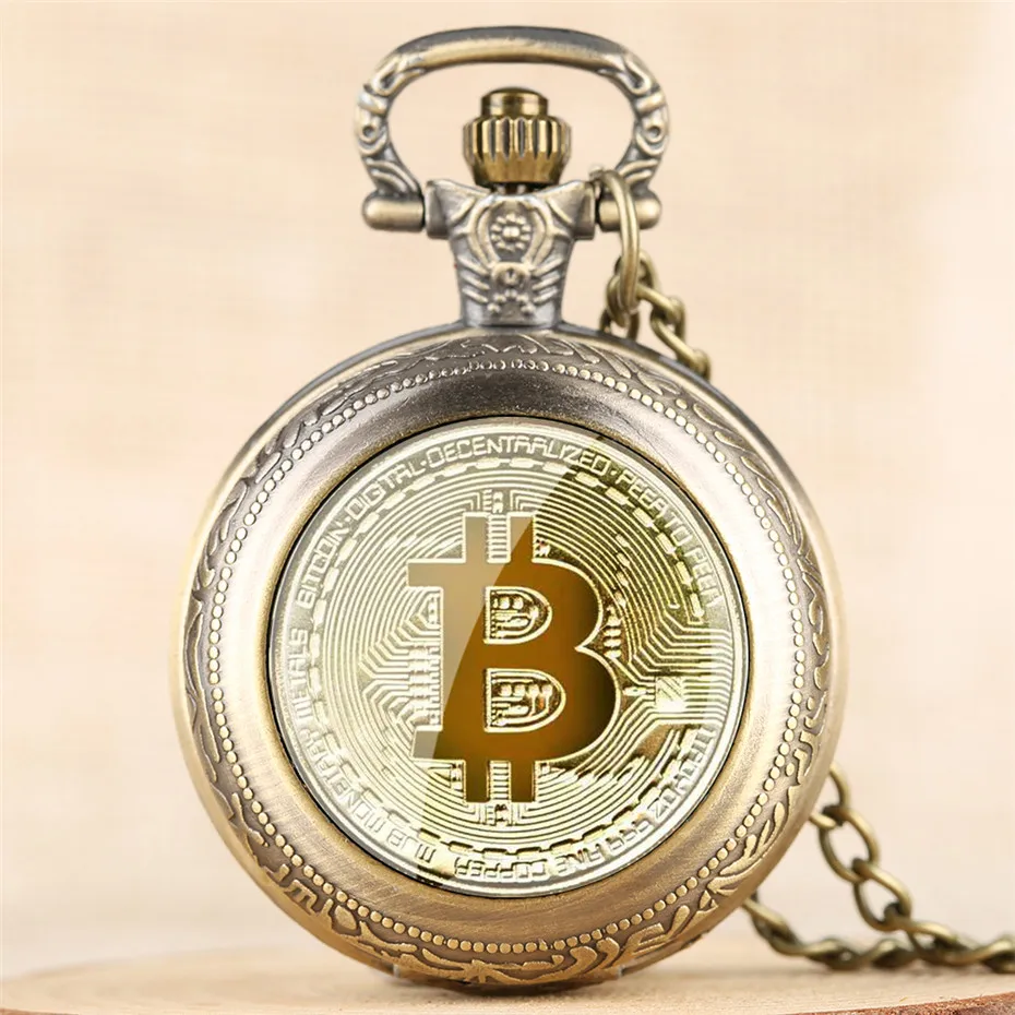 

Exquisite Bitcoin Design Full Hunter Quartz Pocket Watch Numerals Display Pendant Clock Men Women with Retro Necklace Chain relo