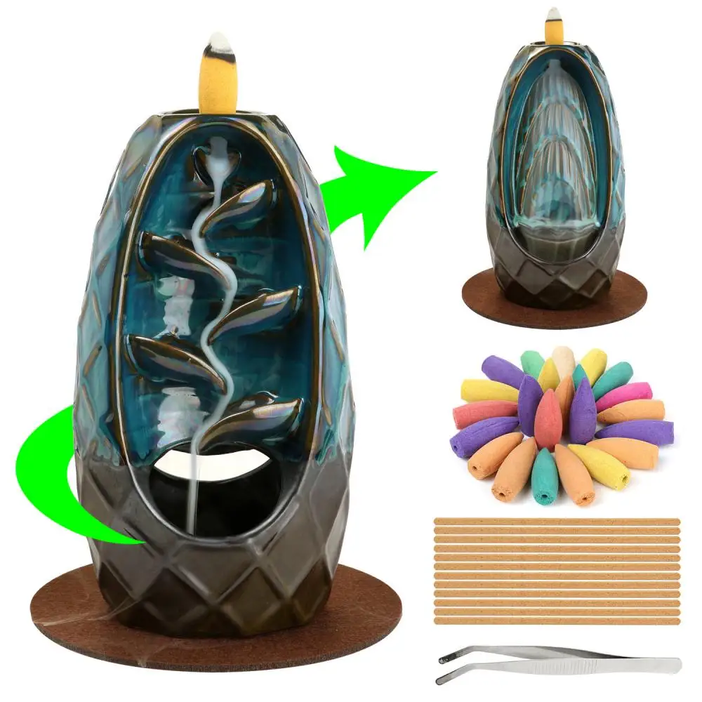 

Double-Sided Backflow Incense Burner Holder With 20 Pcs Cones Smoke Waterfall Ceramic Censer Buddhist Decor Home Aromatherapy