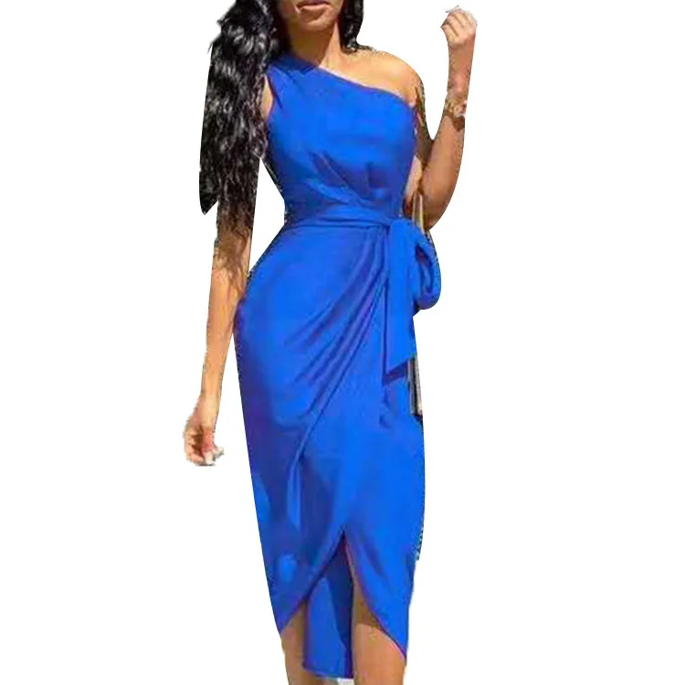 

New Temperament Slant Shoulder Dress Women's Irregular Bandage Dress With Belt Sexy Club Party Dress