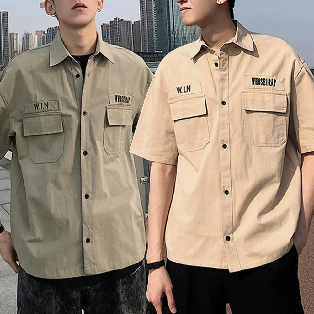 

Summer Tooling Shirt for Men Turn-down Collar Short Sleeve Safari Shirts for Men Loose Casual Men Shirts camisas para hombre