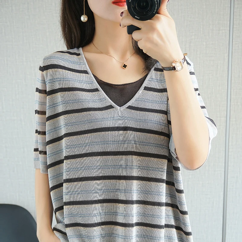 

2021 Summer 100%Cotton T-Shirt Female Fake Two Hit Color Wild Striped Knit Short-Sleeved V-Neck Pure Cotton Plus Size Base Shirt