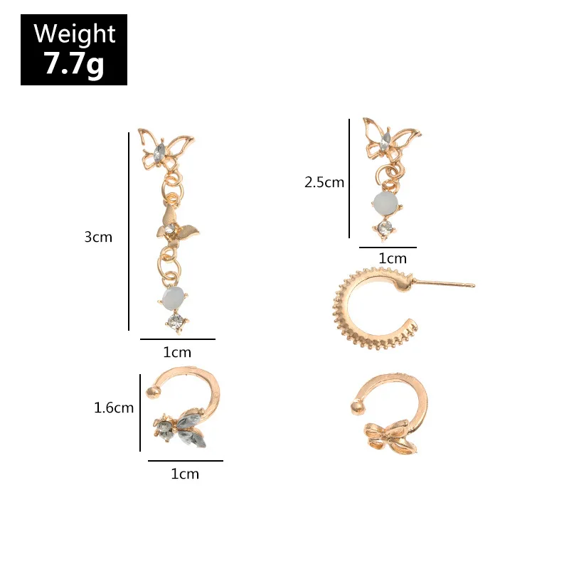 

5pcs/Set Resin Butterfly Earrings Long Pendant Teardrop Without Pierced Ear Clips Cuff For Women 2020 Rhinestone Animal Earrings