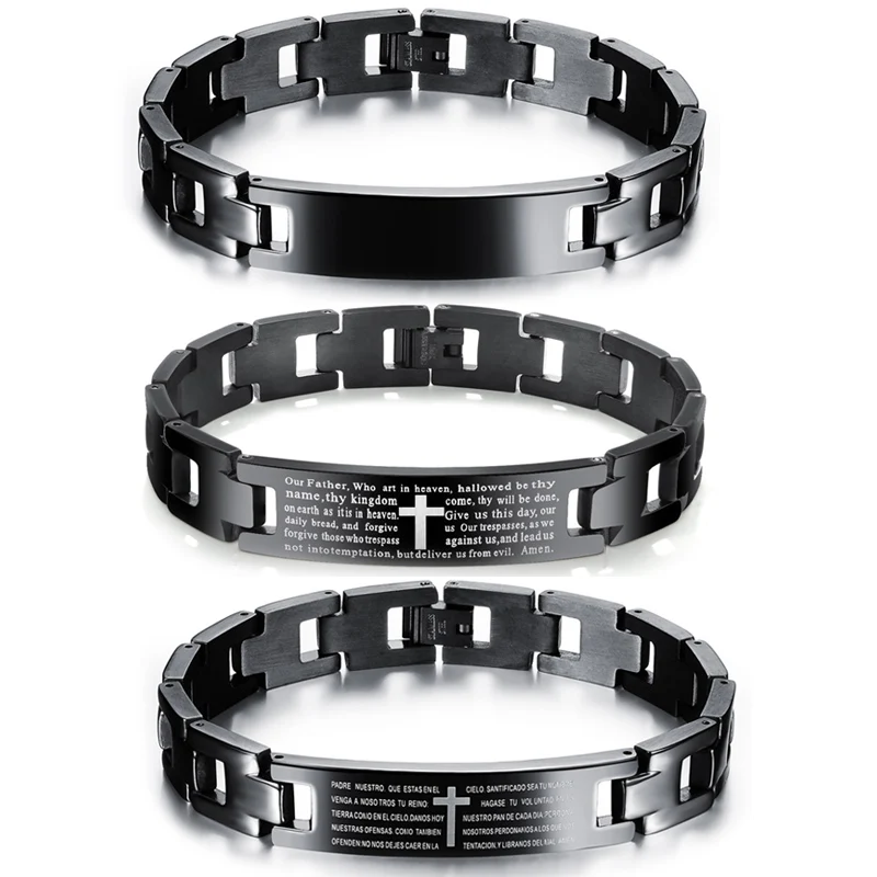 Черный металлический браслет из нержавеющей стали 316L с крестом для мужчин и