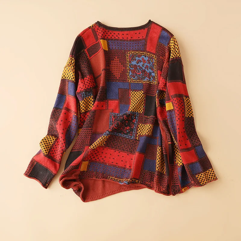 

Vintage Indie Folk Womens Geometric Knit Pullover O-Neck Knitted Sweater Harajuku 2021 Autumn Women's Clothing