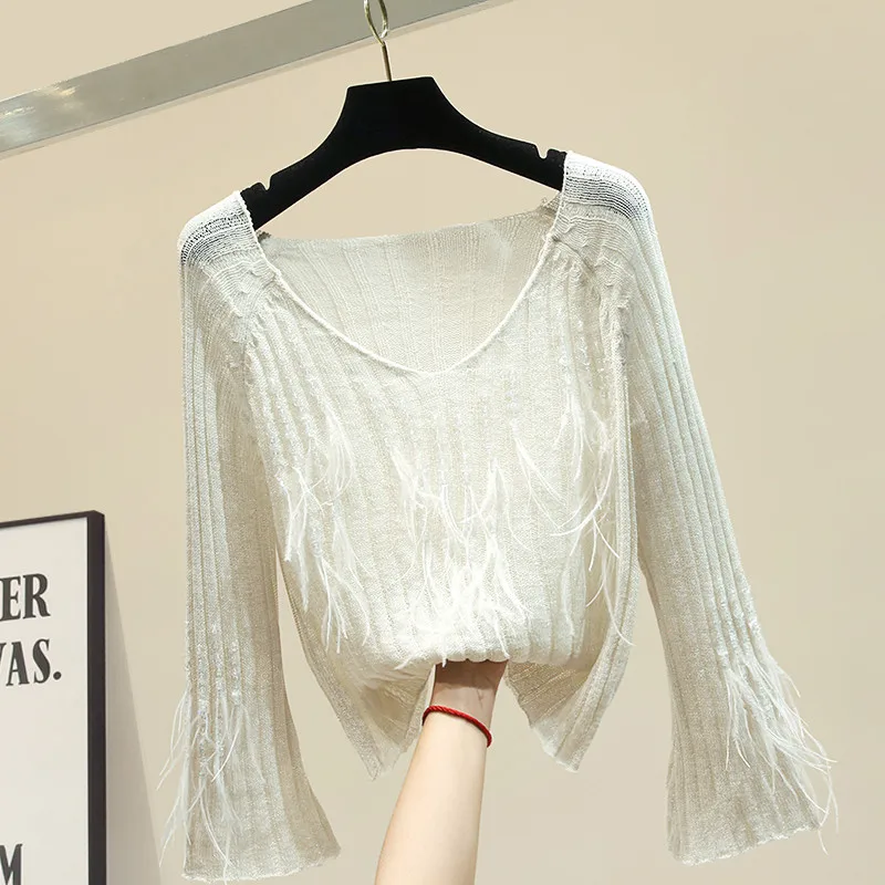 2021 Lazy Wind Knitted Sweater Womens Low-collar Feather Decorative Sweaters Female Loose Outside Pullovers Top Feminino | Женская