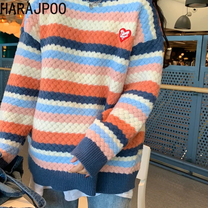 

Harajpoo Women Pullovers Striped Knitted Spring Autumn Loose Lazy Style Outside Wear 2021 New Vintage Japanese Fashion Sweater