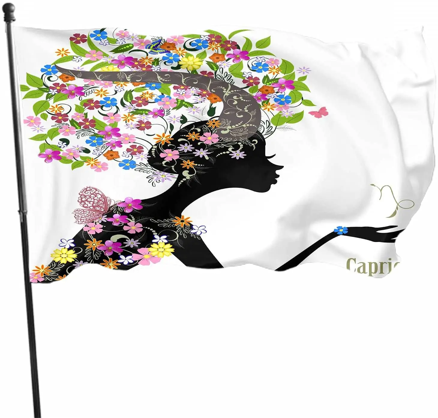 

Girl Shadow Flag Decor Zodiac Sign Capricorn Beautiful Flower Butterfly Around Head Polyester Printed Pattern Outdoor Decor for