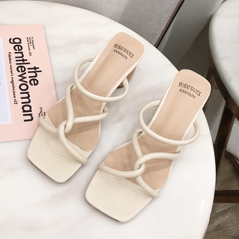 

Summer Fashion Women Round High Heels Slides Mules Female Open Toe Strappy Green Beige Heels Slippers Beach Sandals Party Shoes